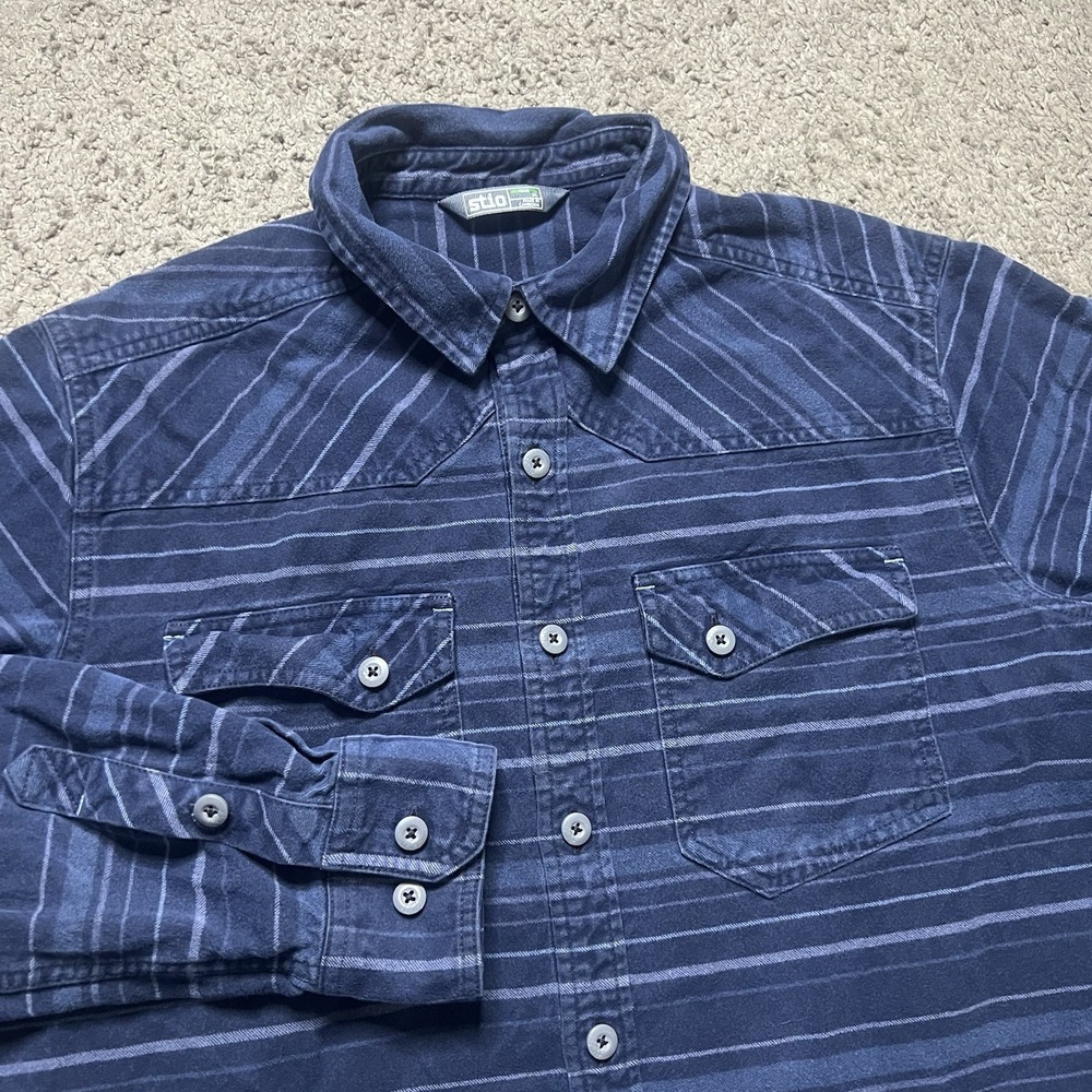 Stio Flannel Shirt Men's Size Medium Blue Plaid Bultton Up Organic Cotton USA